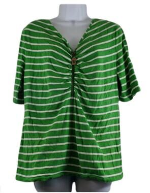 Michael Kors Green/White Quarter Zip Striped Blouse Size Large
